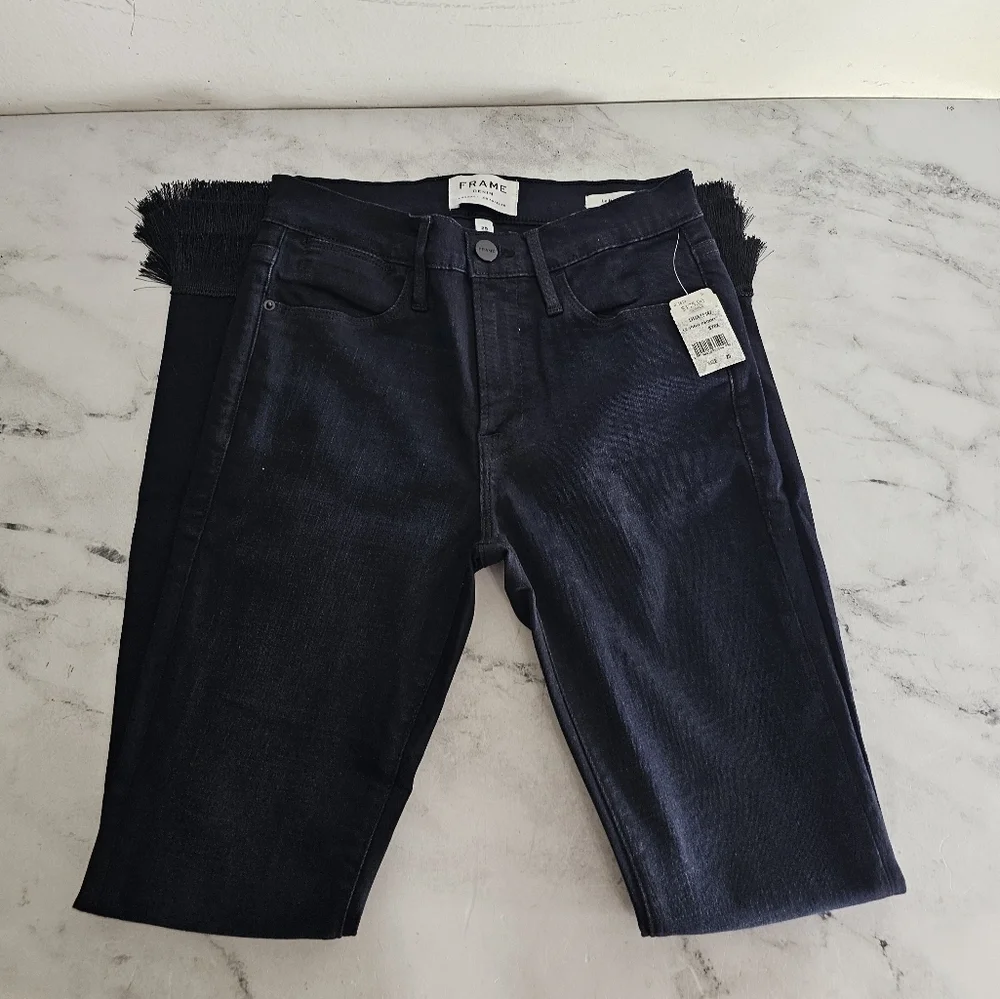 Frame Denim Highrise Skinny‎ Dark Blue Fringe Jeans 25 NWT